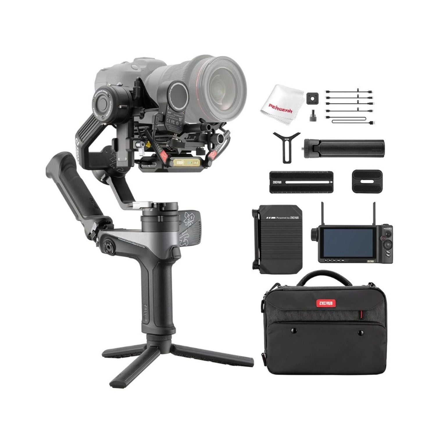 Weebill-2 gimbal stabilizer kit layout with camera, touchscreen, and carrying case